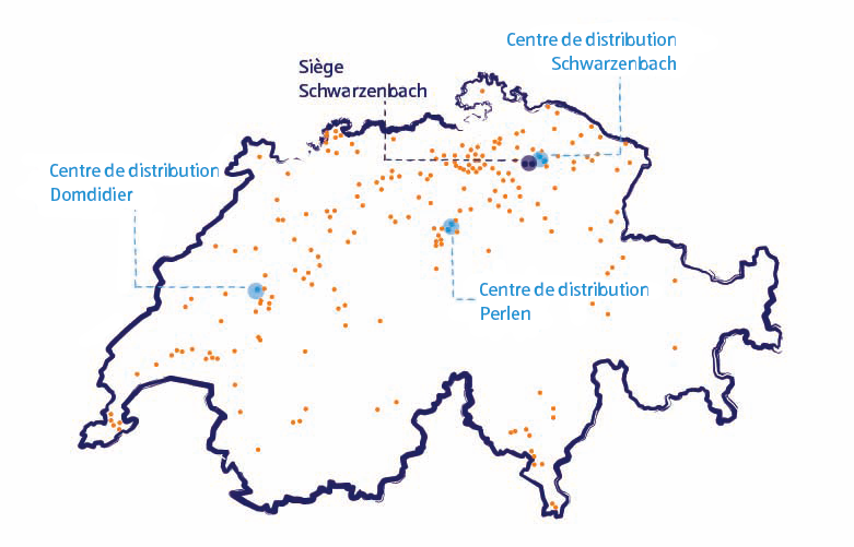 Carte de la Suisse avec les identifications des différents sites comme le centre de distribution de Domdidier le siège principal à Schwarzenbach, le centre de distribution de Schwarzenbach ou le centre de distribution de Perlen.